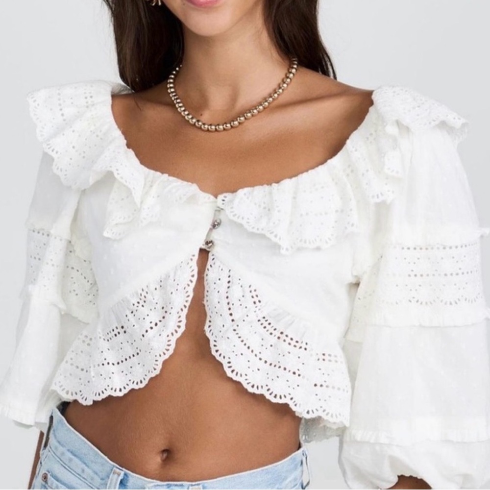 FARM Rio White Eyelet Ruffle Blouse size small